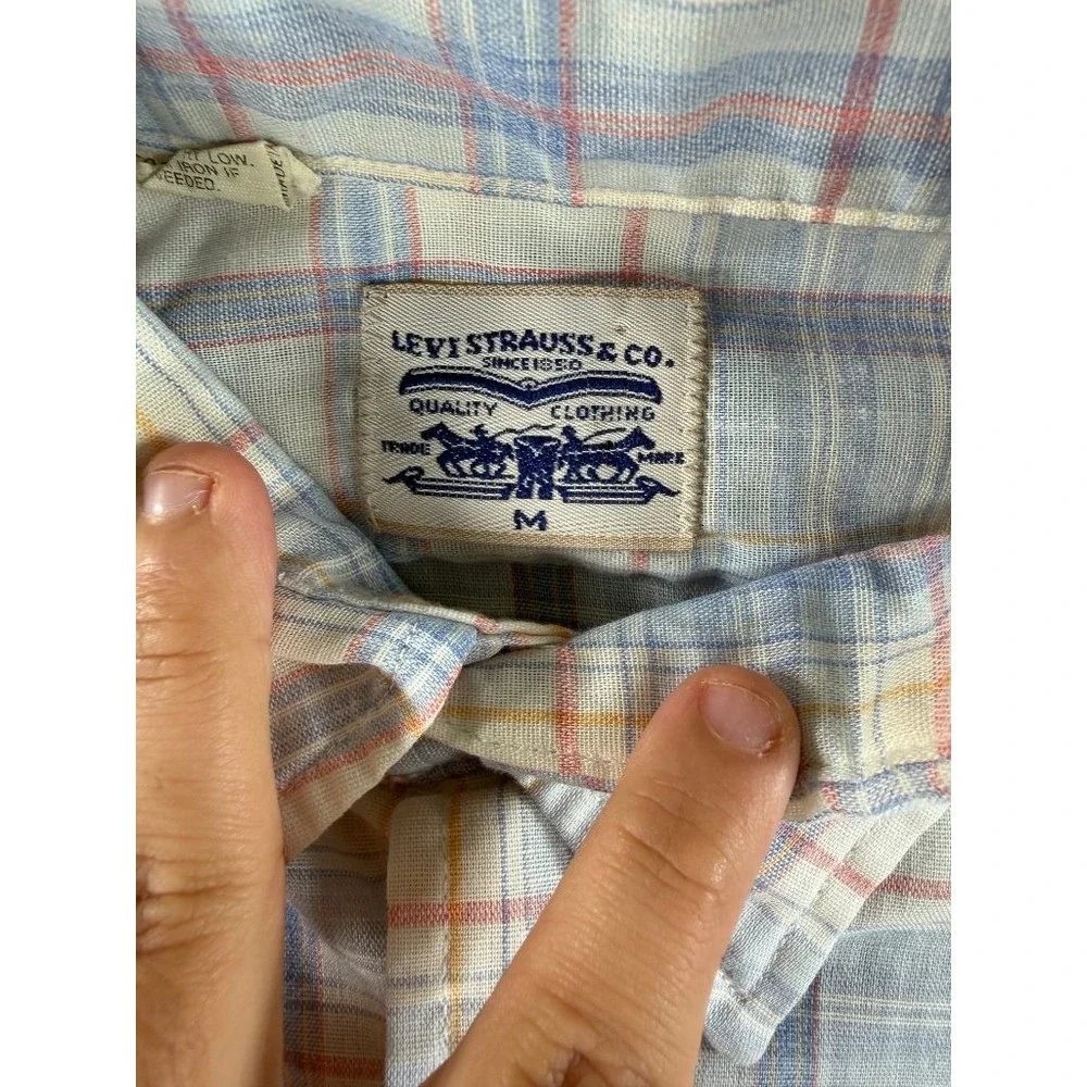Vintage Levis Shirt Mens Medium Blue White Plaid Flap Pockets Made In USA